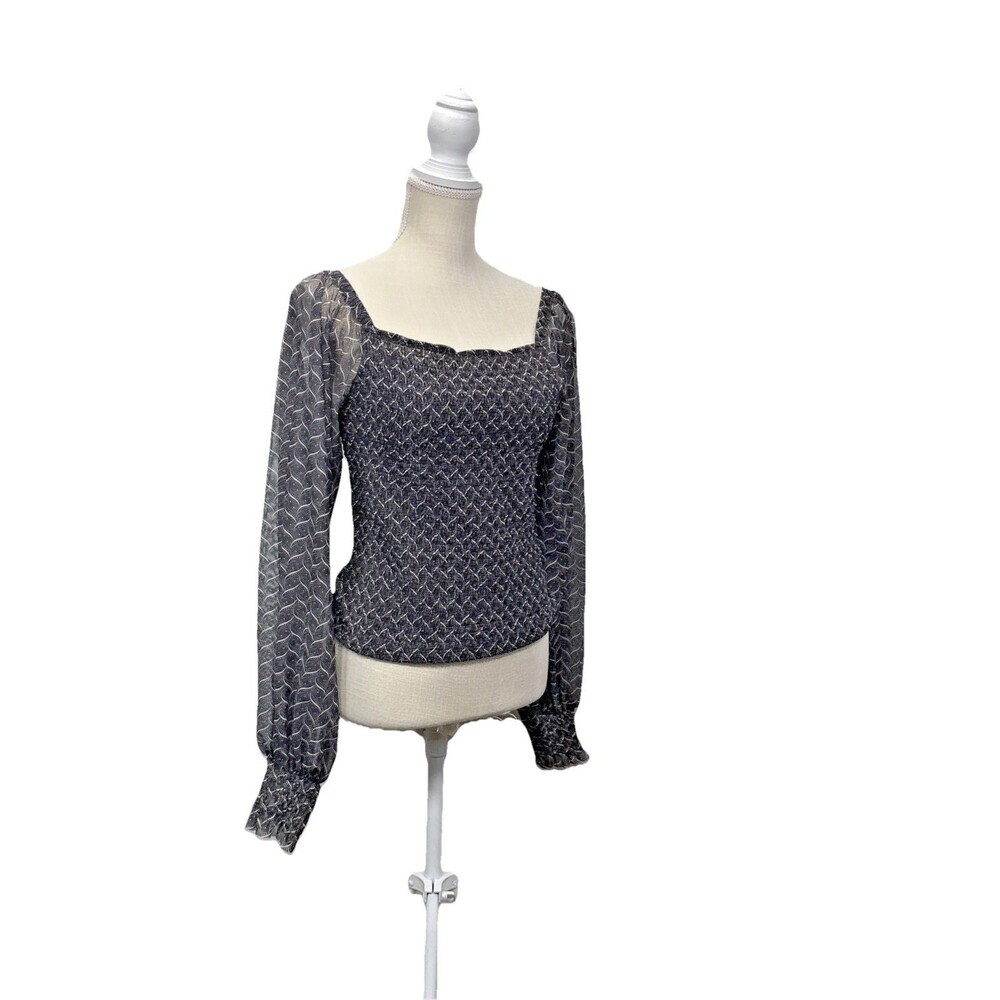 Anthropologie Rouen Top Black Gray Smocked Balloon Sleeve Blouse Medium Boho